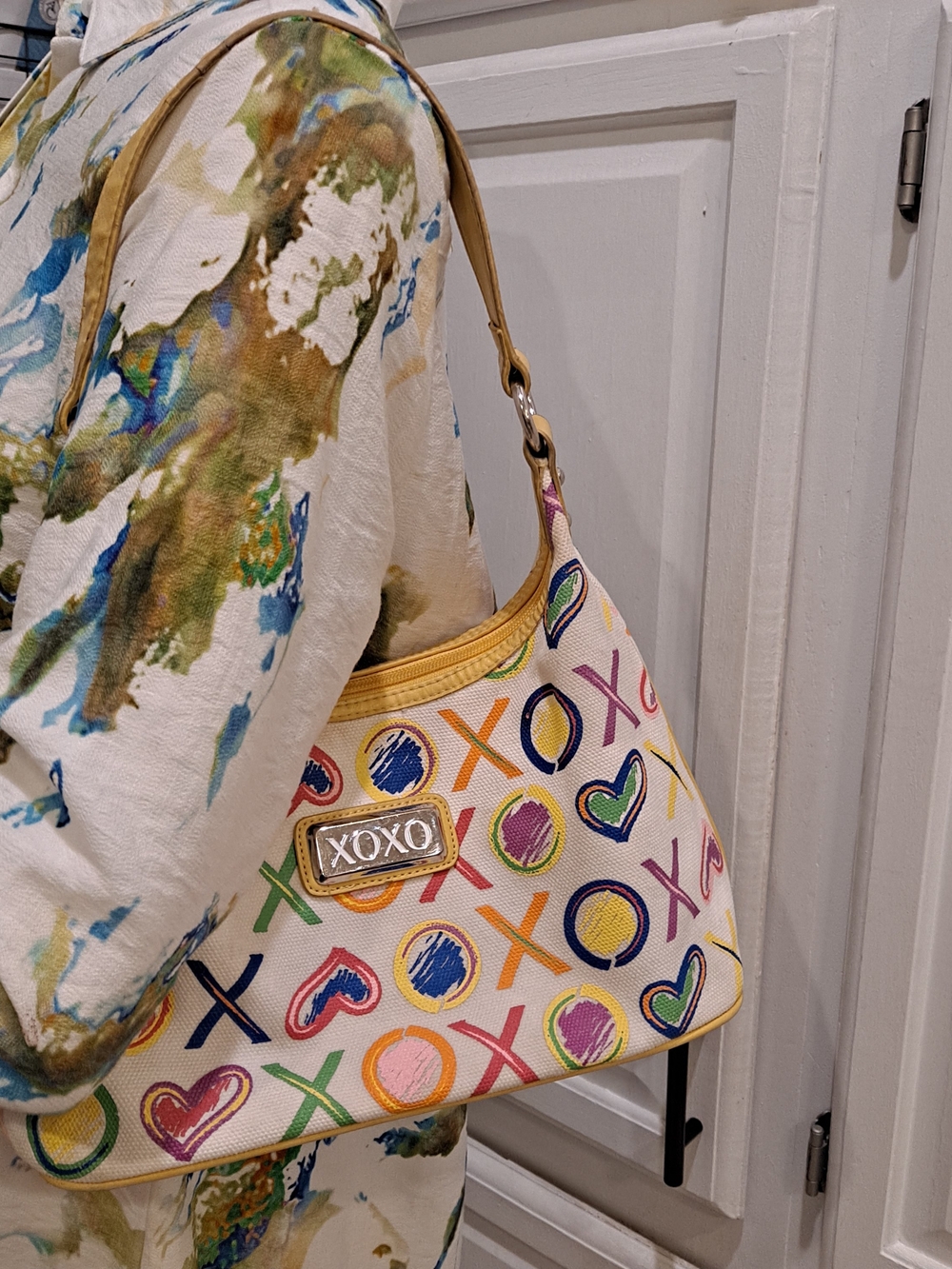 Y2K Vintage XOXO Multicolor Hearts XO Canvas Shoulder Bag Yellow Trim Grafitti - Picture 13 of 13